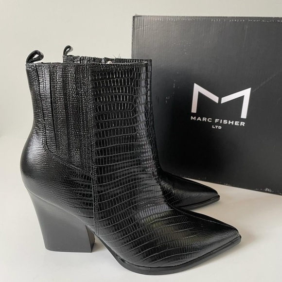 Nib Marc Fisher Mariel Block Heel Zip Booties in Black Croco - Picture 8 of 11